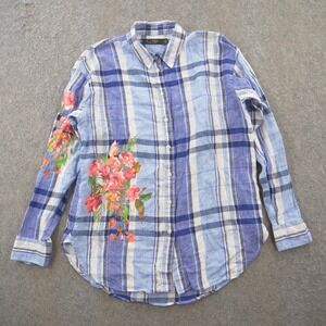 Ralph Lauren Top Womens Medium  Black Label Blue Button Up Floral Plaid Linen